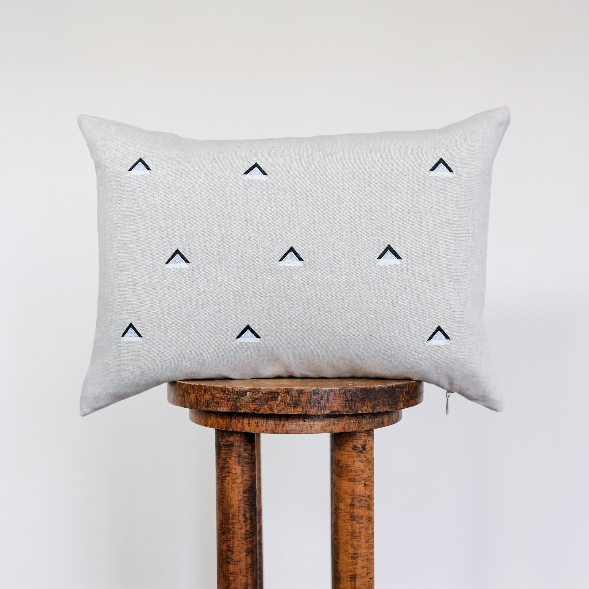 Black and White Triangles Printed on Natural Linen Lumbar Pillow 14x20