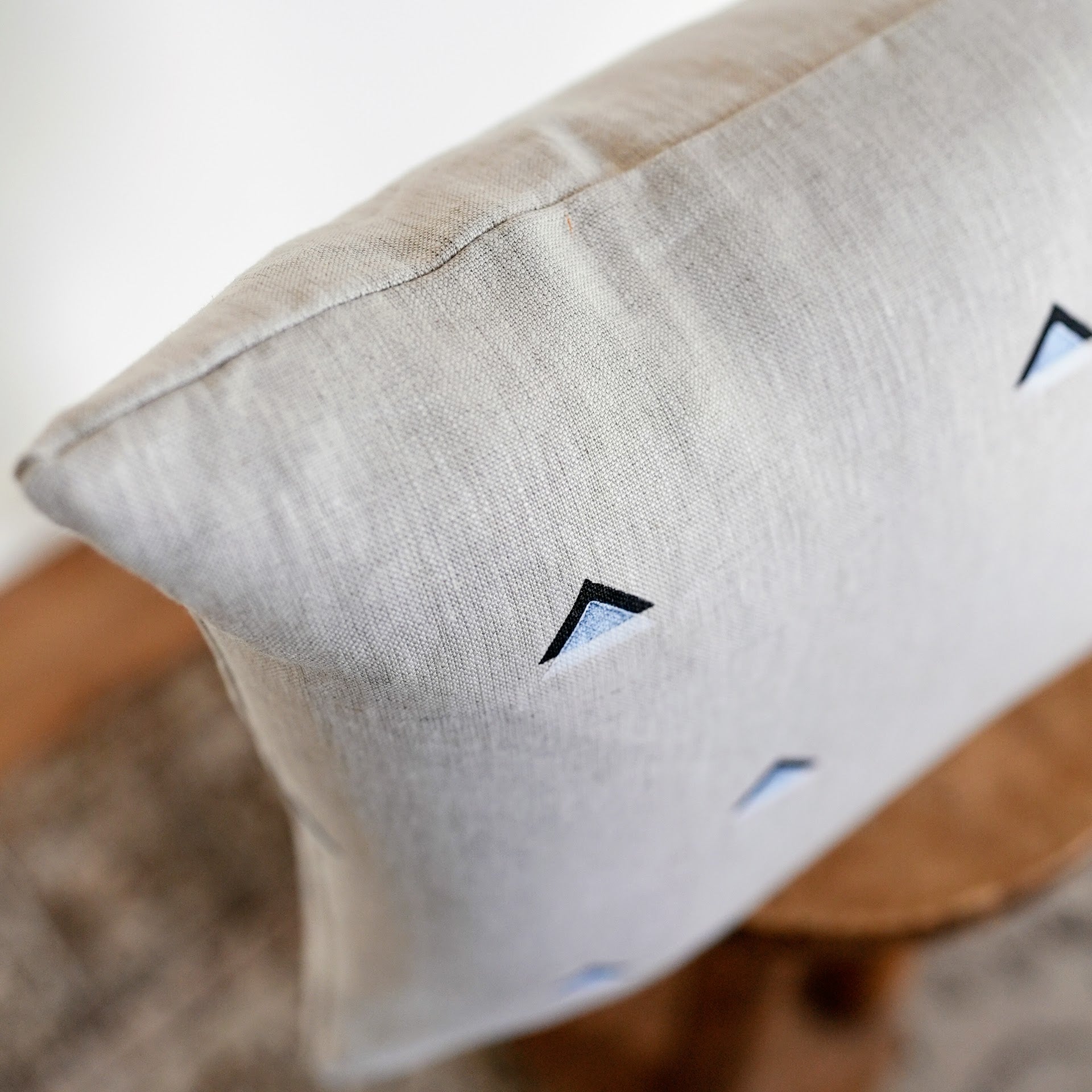 Black and White Triangles Printed on Natural Linen Lumbar Pillow 14x20