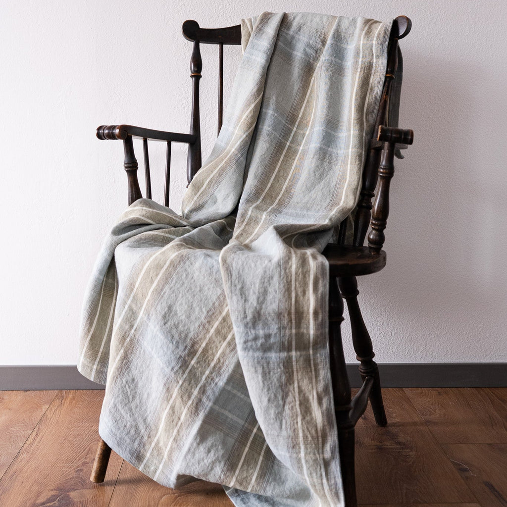 Seafoam and Green Plaid Linen Throw