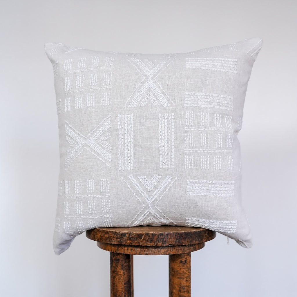 Cream Geometric Embroidery on Flax Linen Pillow 20x20