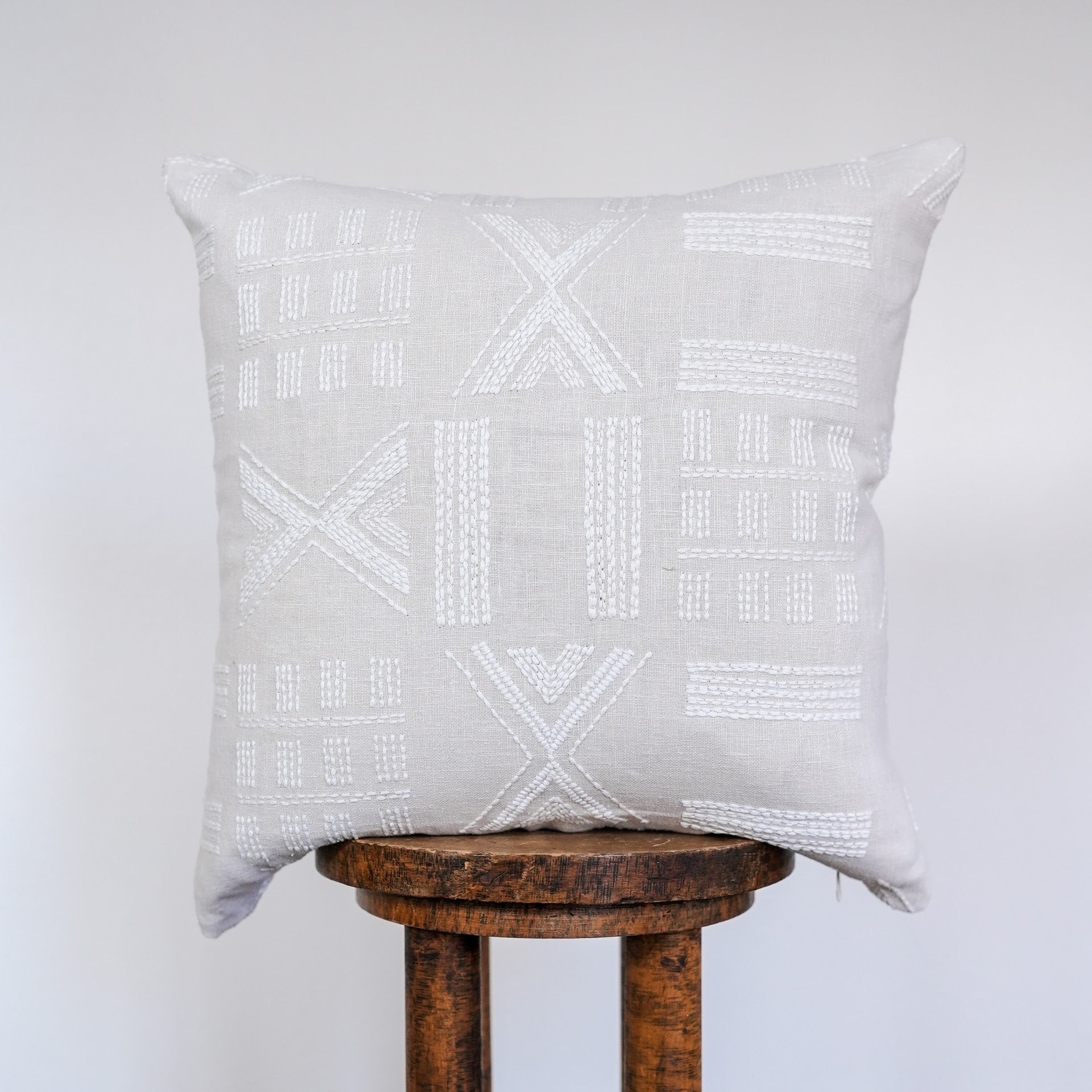 Cream Geometric Embroidery on Flax Linen Pillow 20x20