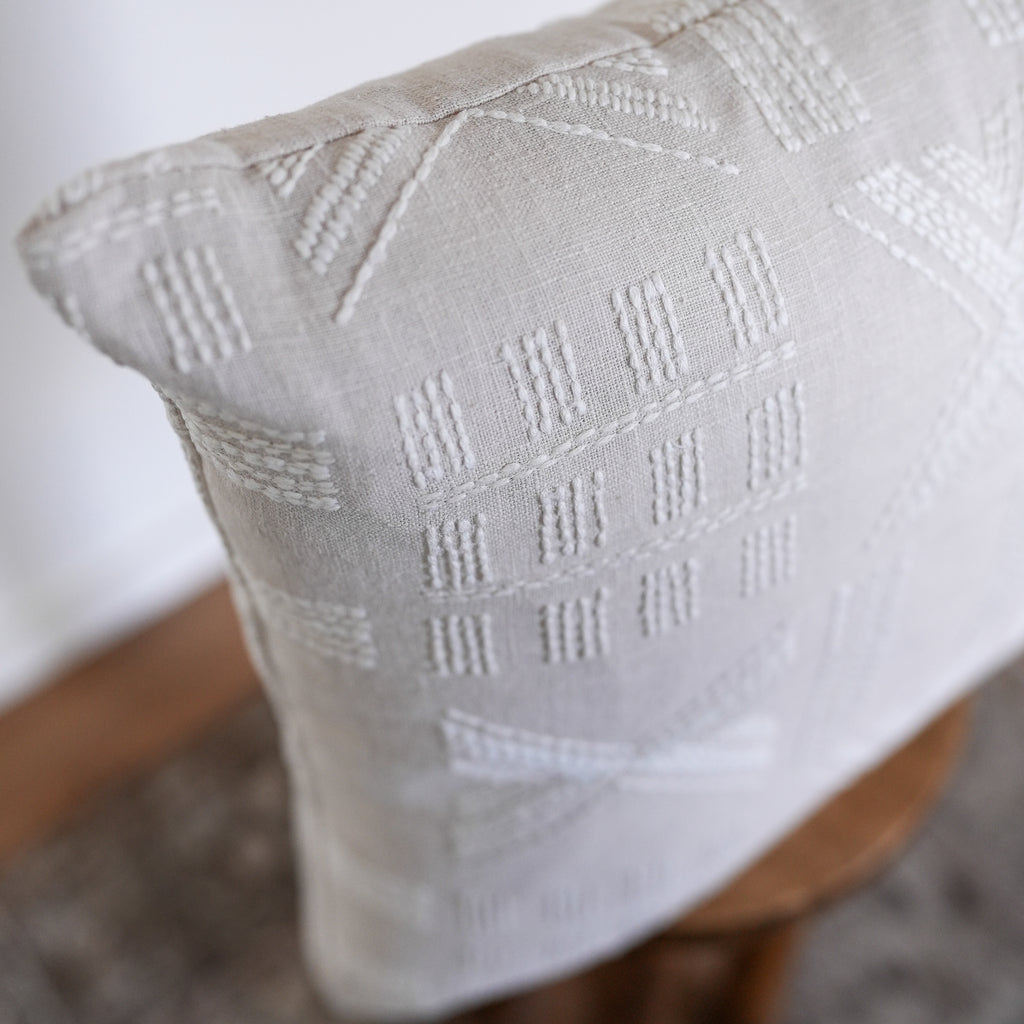 Cream Geometric Embroidery on Flax Linen Pillow 20x20
