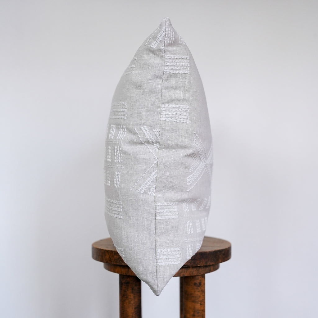 Cream Geometric Embroidery on Flax Linen Pillow 20x20
