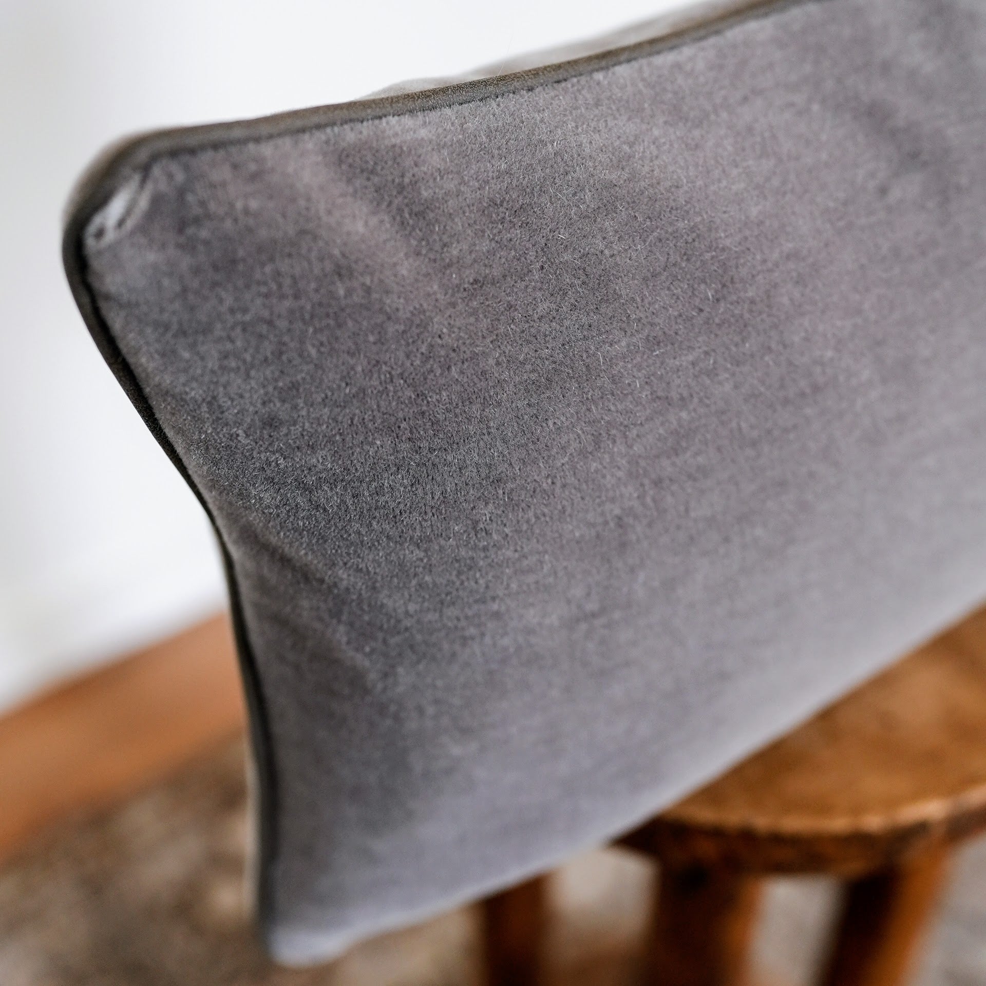 Soft Grey Mohair with Grey Brown Leather Welt Pillow 12x20