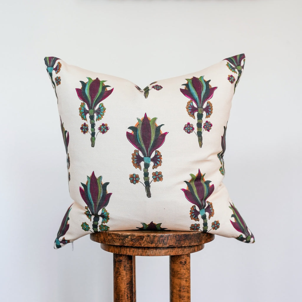 Deep Purple Flower Motif Printed on Linen Pillow 20x20