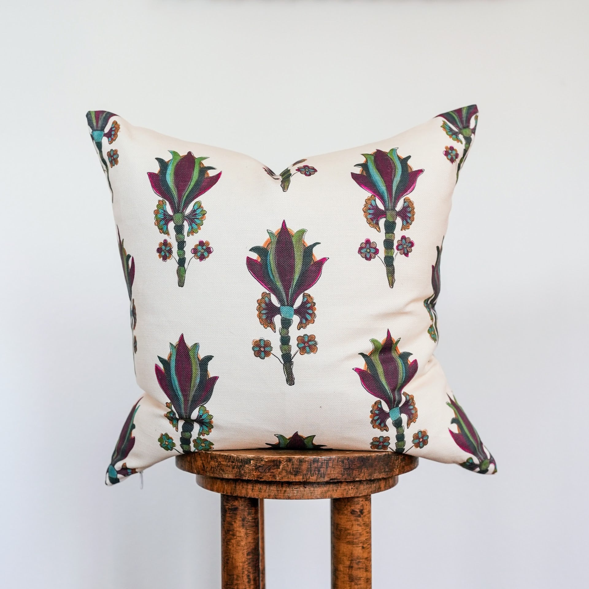 Deep Purple Flower Motif Printed on Linen Pillow 20x20