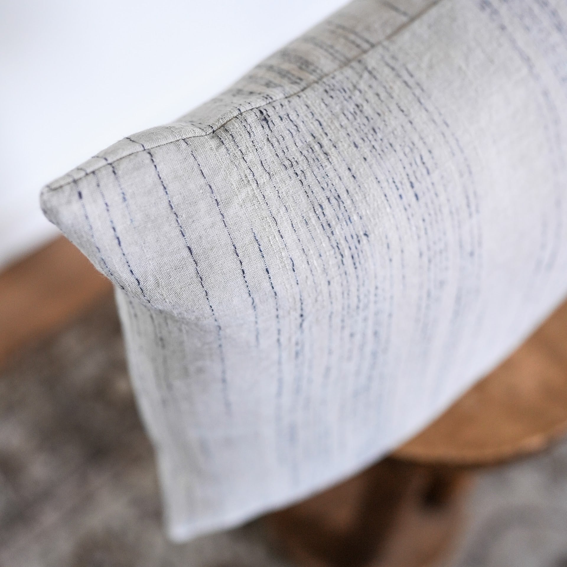 Navy Striations on Beige Linen Lumbar Pillow 14x20