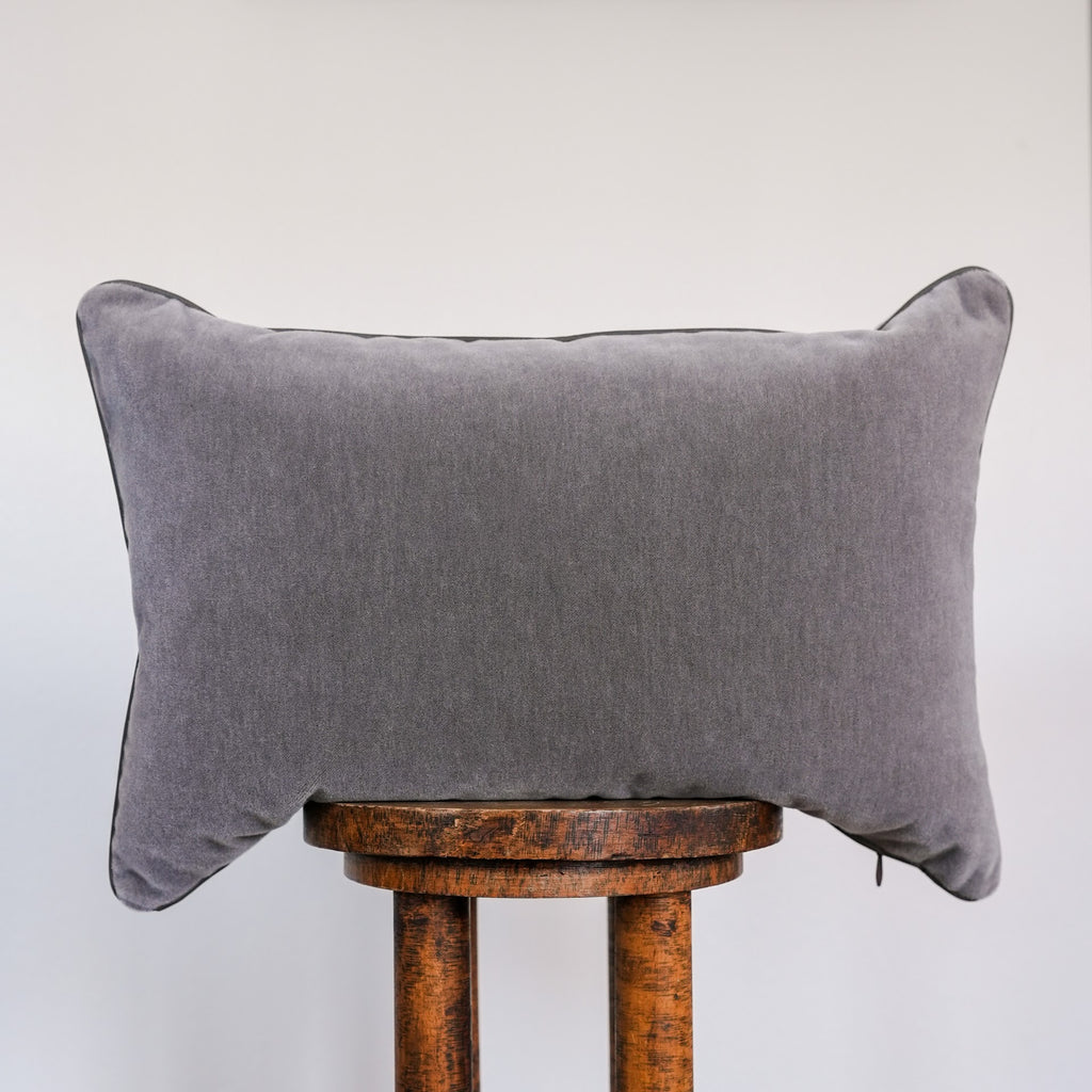 Soft Grey Mohair with Grey Brown Leather Welt Pillow 16x24