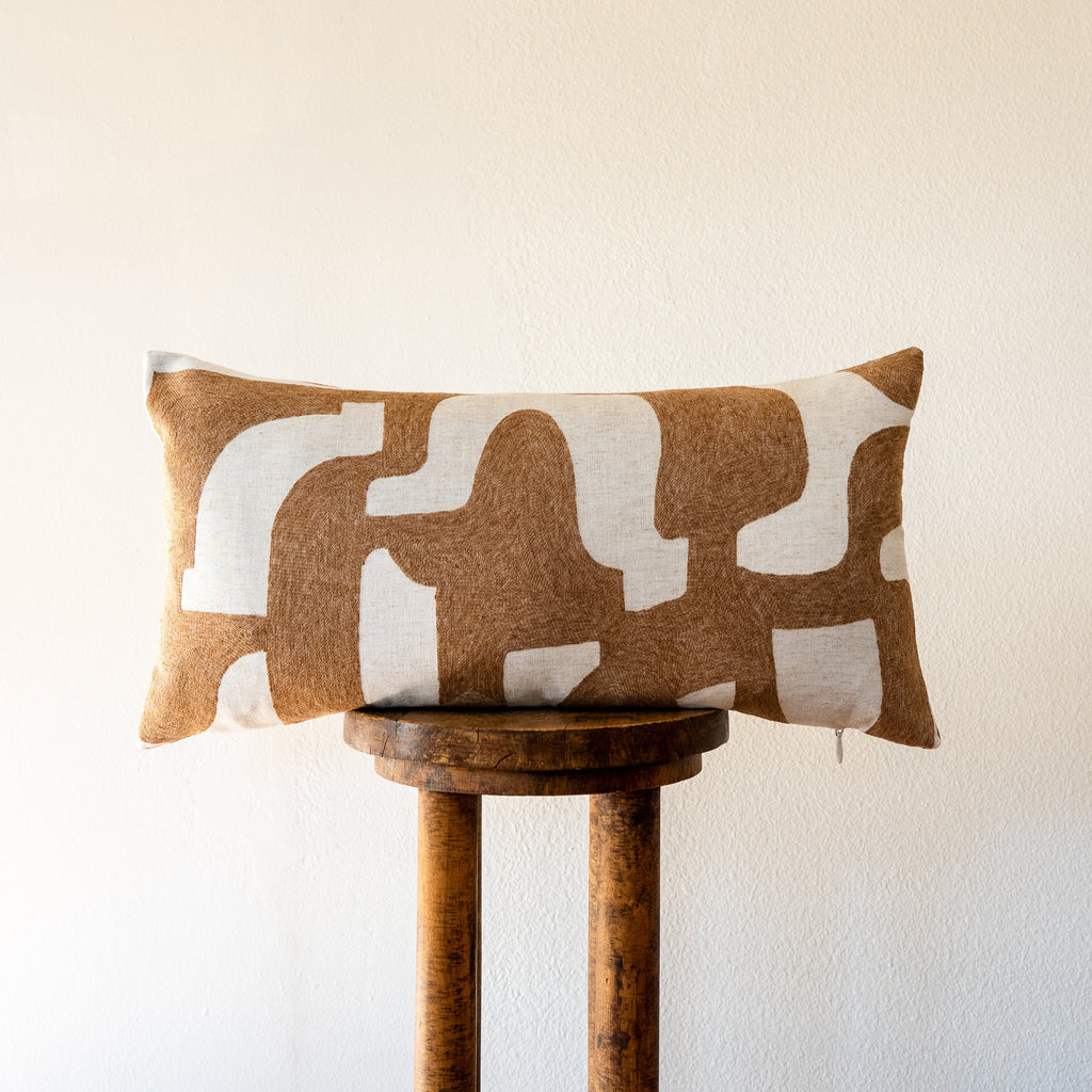 Off White Linen with Abstract Embroidered Dark Flax Pillow 12x24