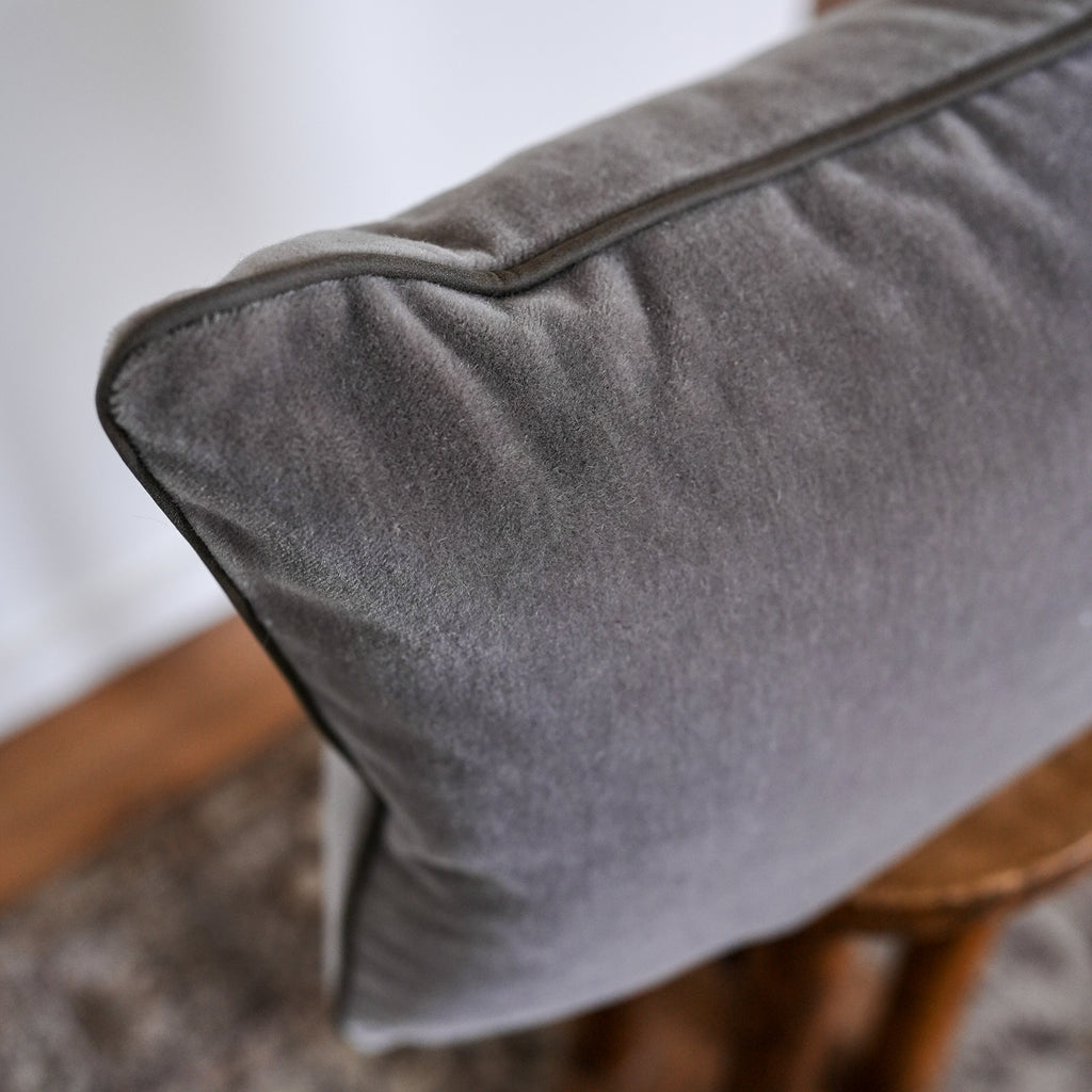 Soft Grey Mohair with Grey Brown Leather Welt Pillow 16x24