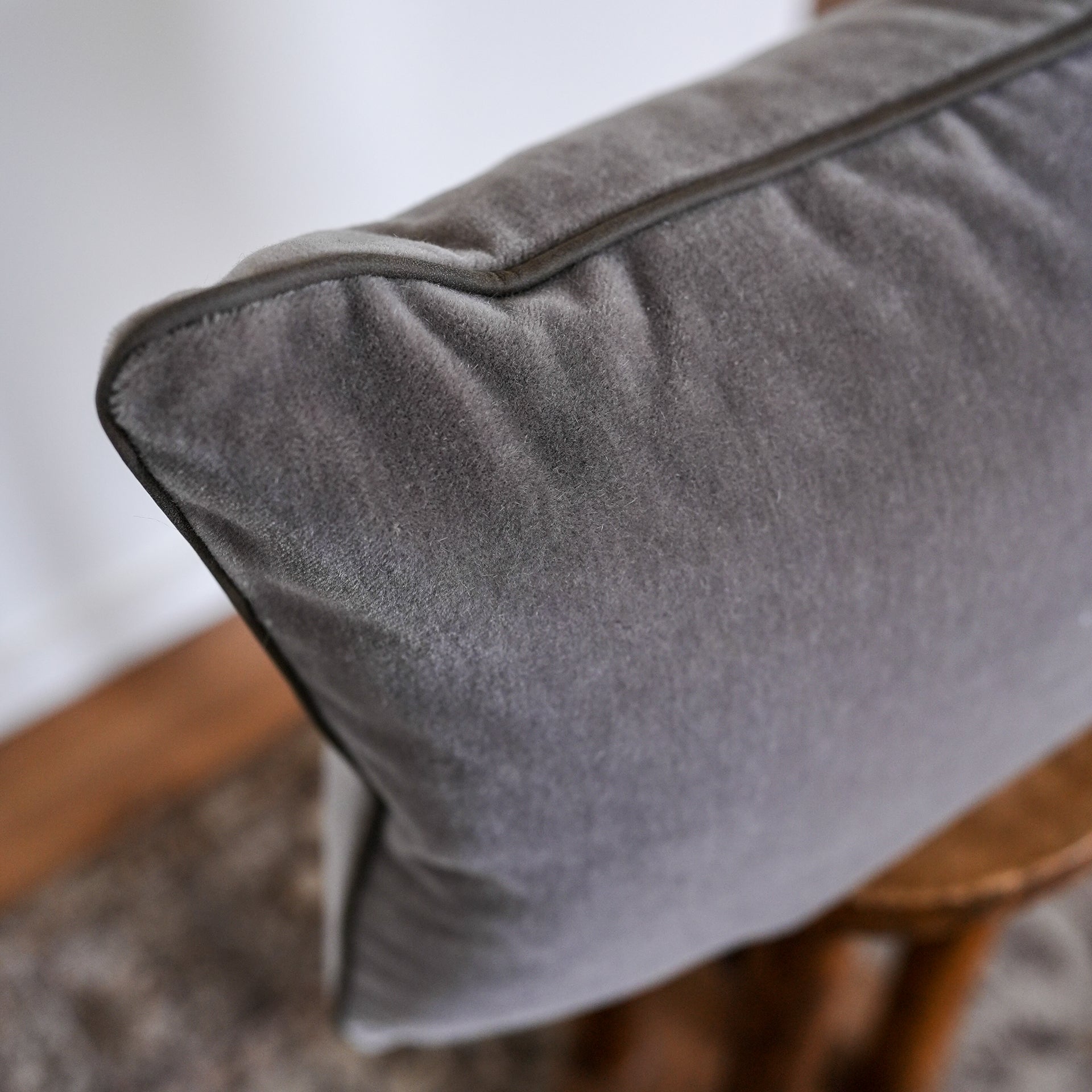 Soft Grey Mohair with Grey Brown Leather Welt Pillow 16x24