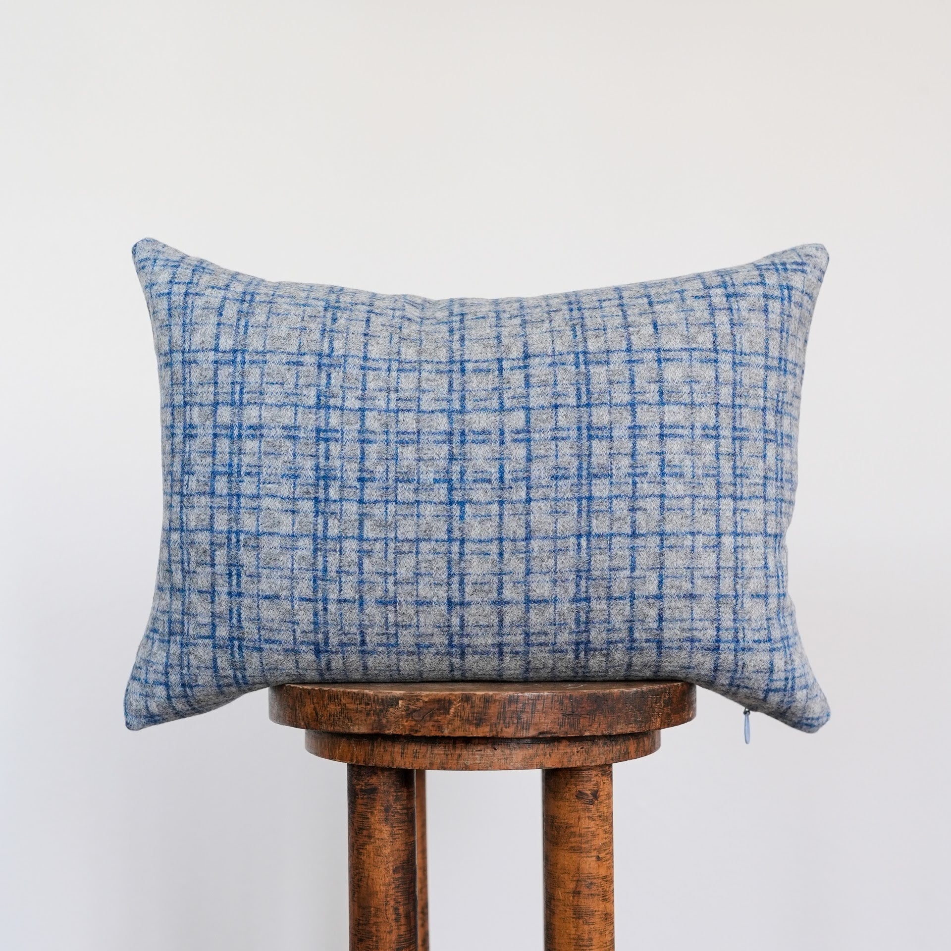 Grey Wool with Navy Plaid Stripes Lumbar Pillow 14x20