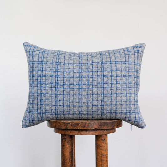 Grey Wool with Navy Plaid Stripes Lumbar Pillow 14x20