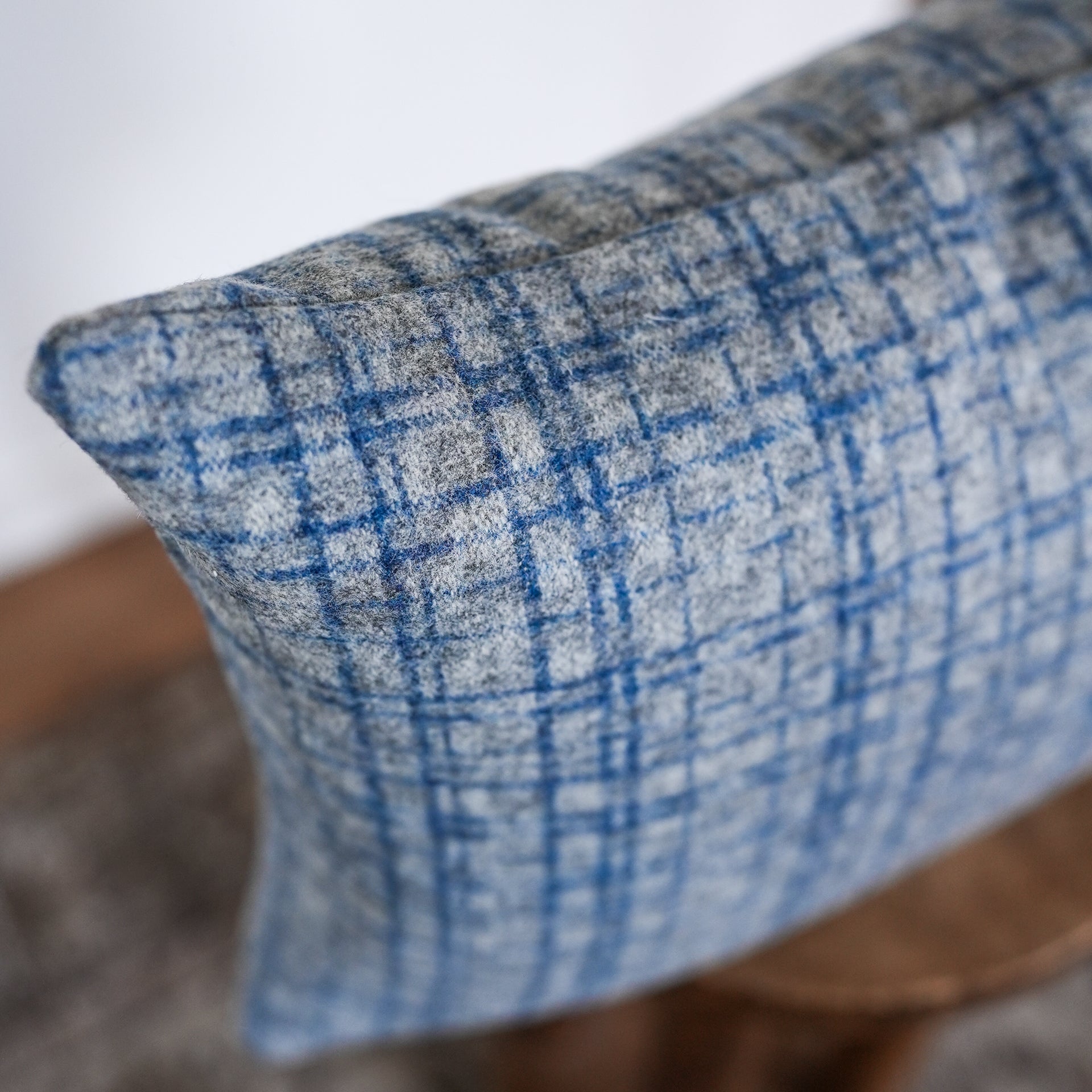 Grey Wool with Navy Plaid Stripes Lumbar Pillow 14x20