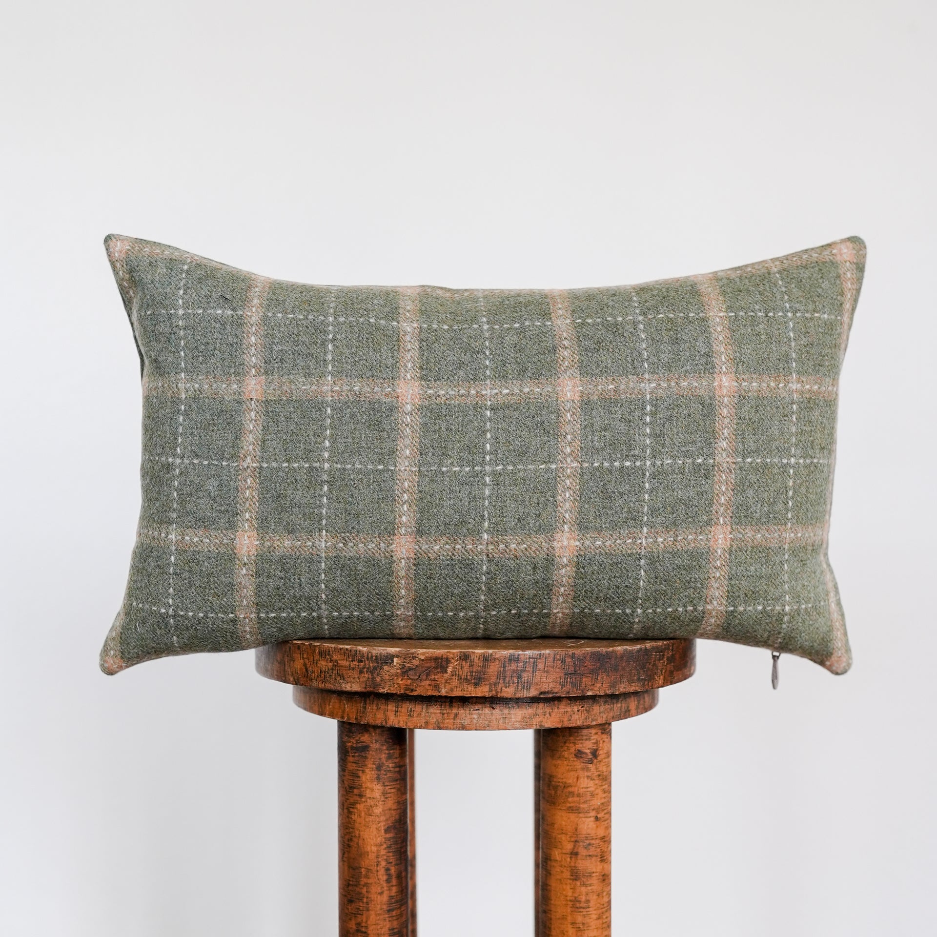 Green Wool Plaid with Tan Stripes Lumbar Pillow 12x20