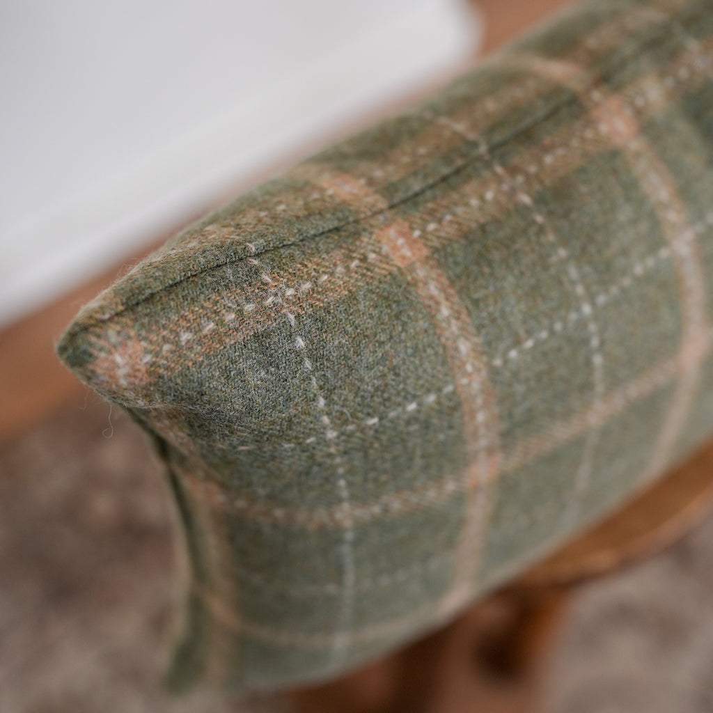Green Wool Plaid with Tan Stripes Lumbar Pillow 12x20