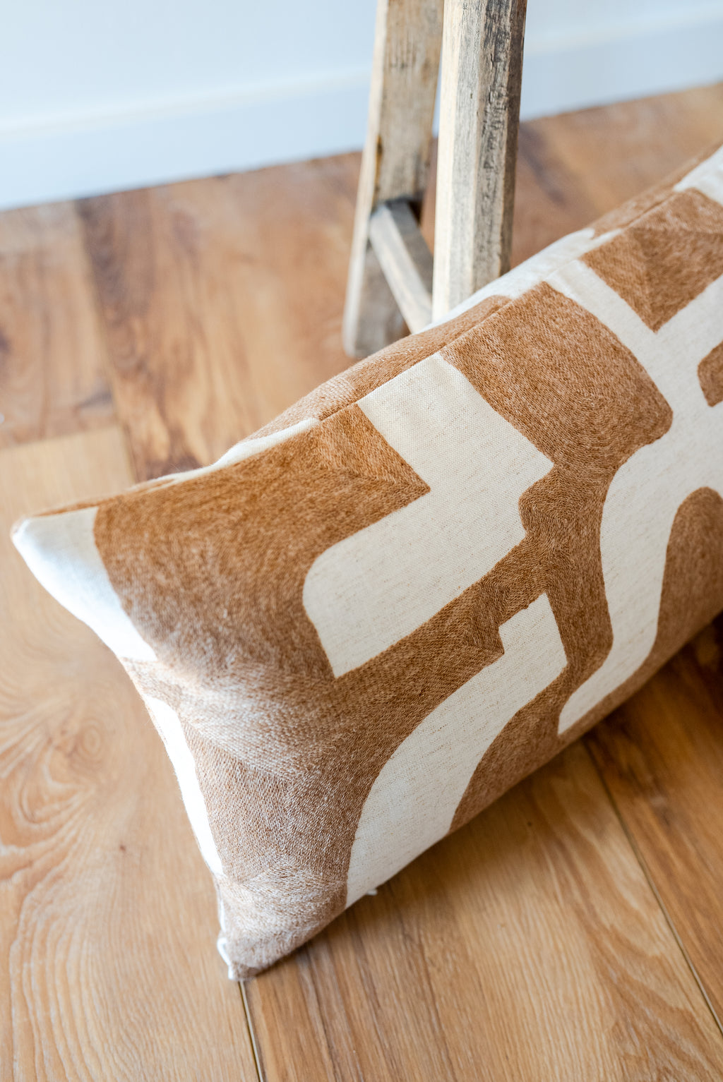 Off White Linen with Abstract Embroidered Dark Flax Pillow 12x24