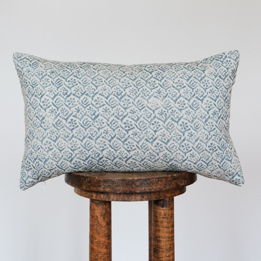 Blue Floral Print on Linen Lumbar Pillow 12x20