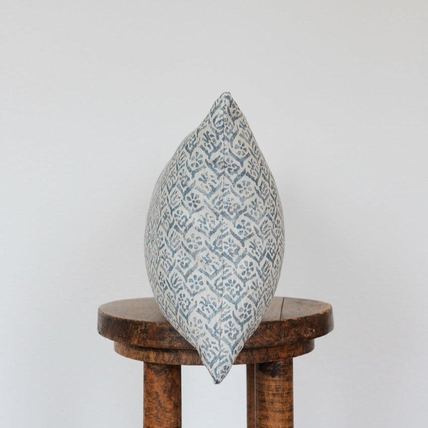 Blue Floral Print on Linen Lumbar Pillow 12x20