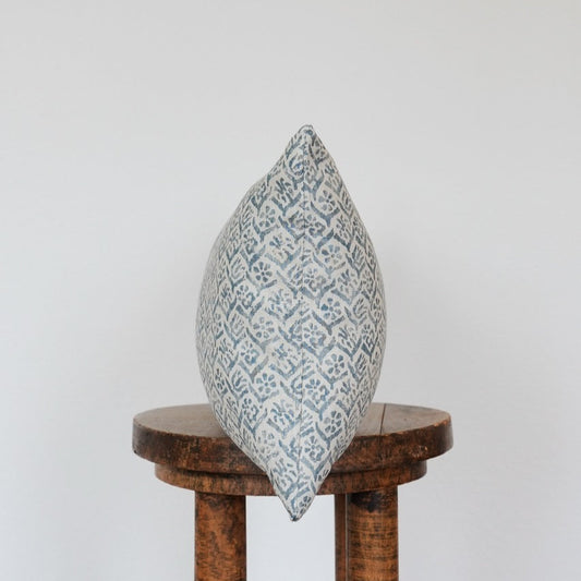 Blue Floral Print on Linen Lumbar Pillow 12x20