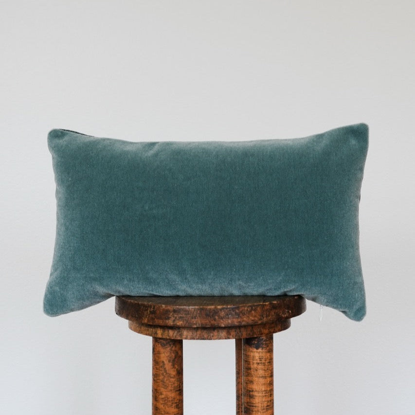Green Teal Mohair with Woven Wool Lumbar Pillow 12x20