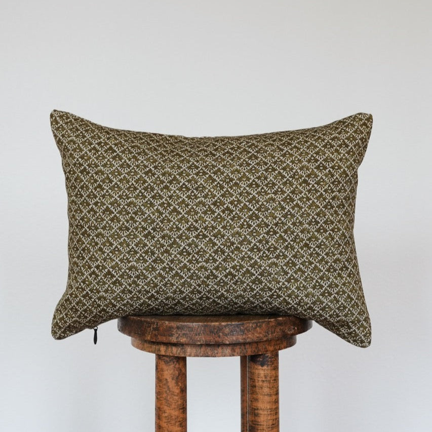 Olive Green Floral Motif on Linen Lumbar Pillow 12x18
