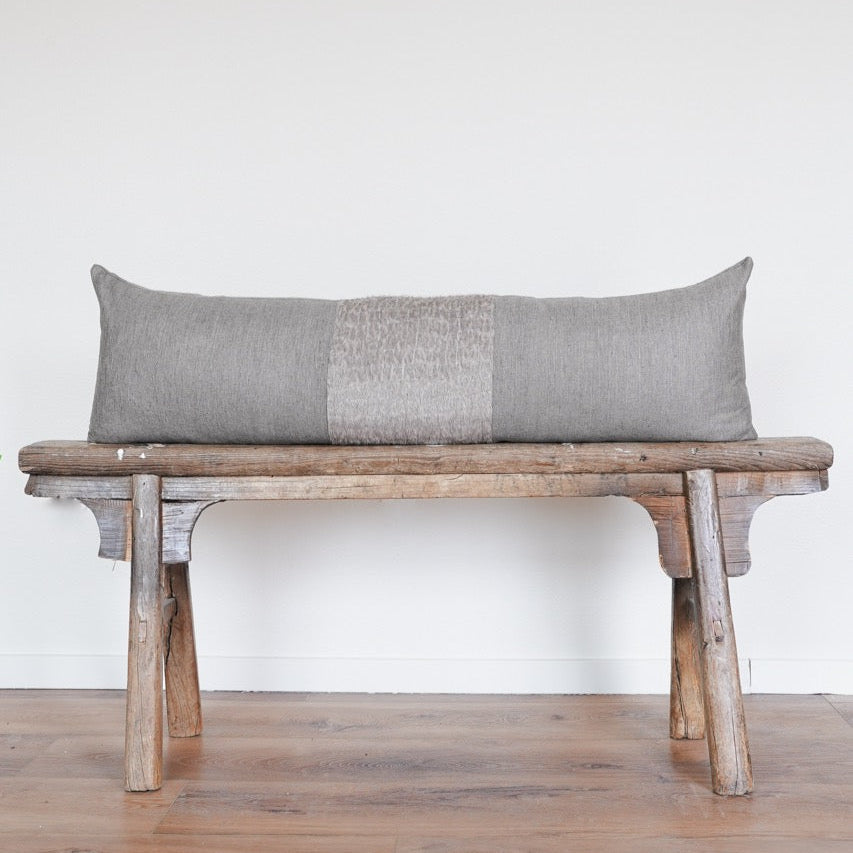 Mushroom Brown Silk with Wool Fur Strip Lumbar Pillow 14x46