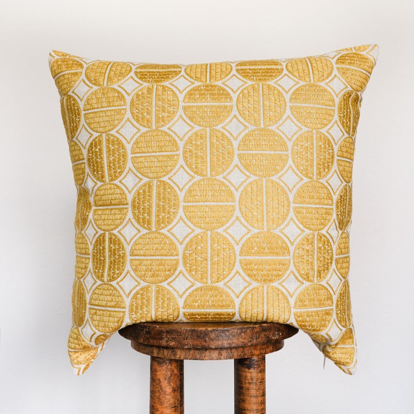 Natural Linen with Embroidered Golden Circles Pillow 22x22