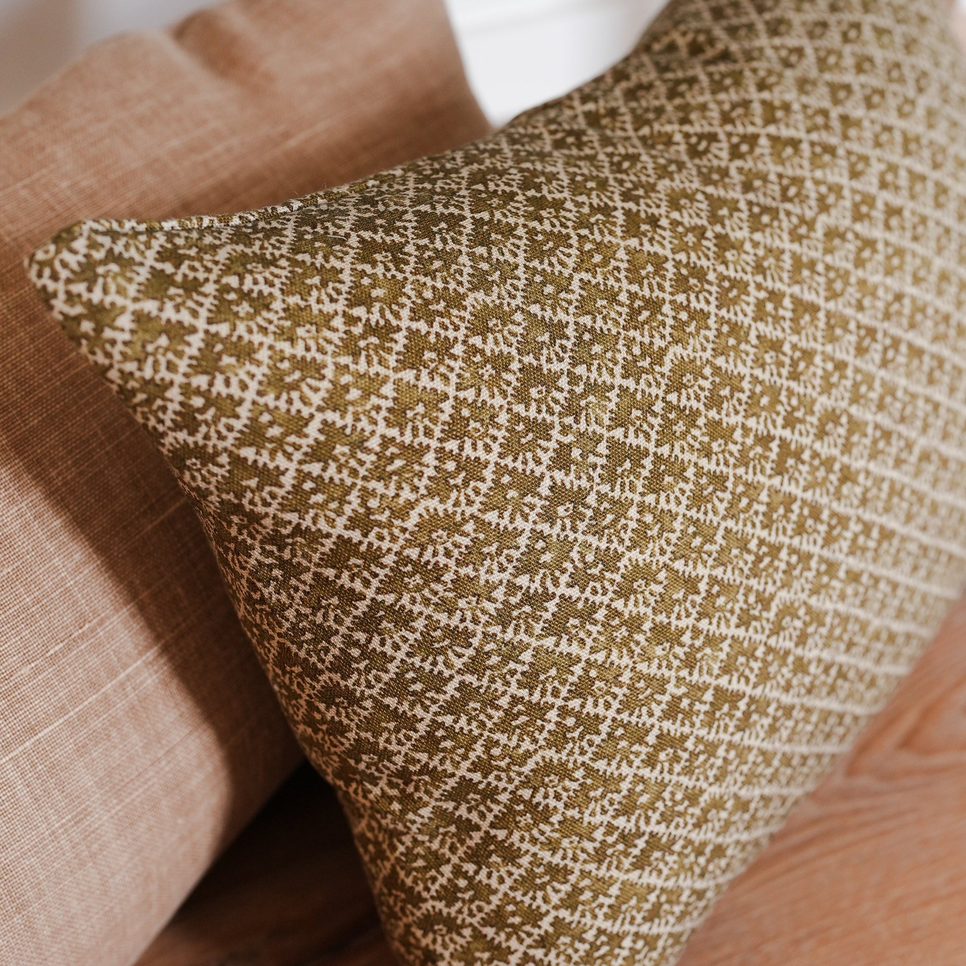 Olive Green Floral Motif on Linen Lumbar Pillow 12x18