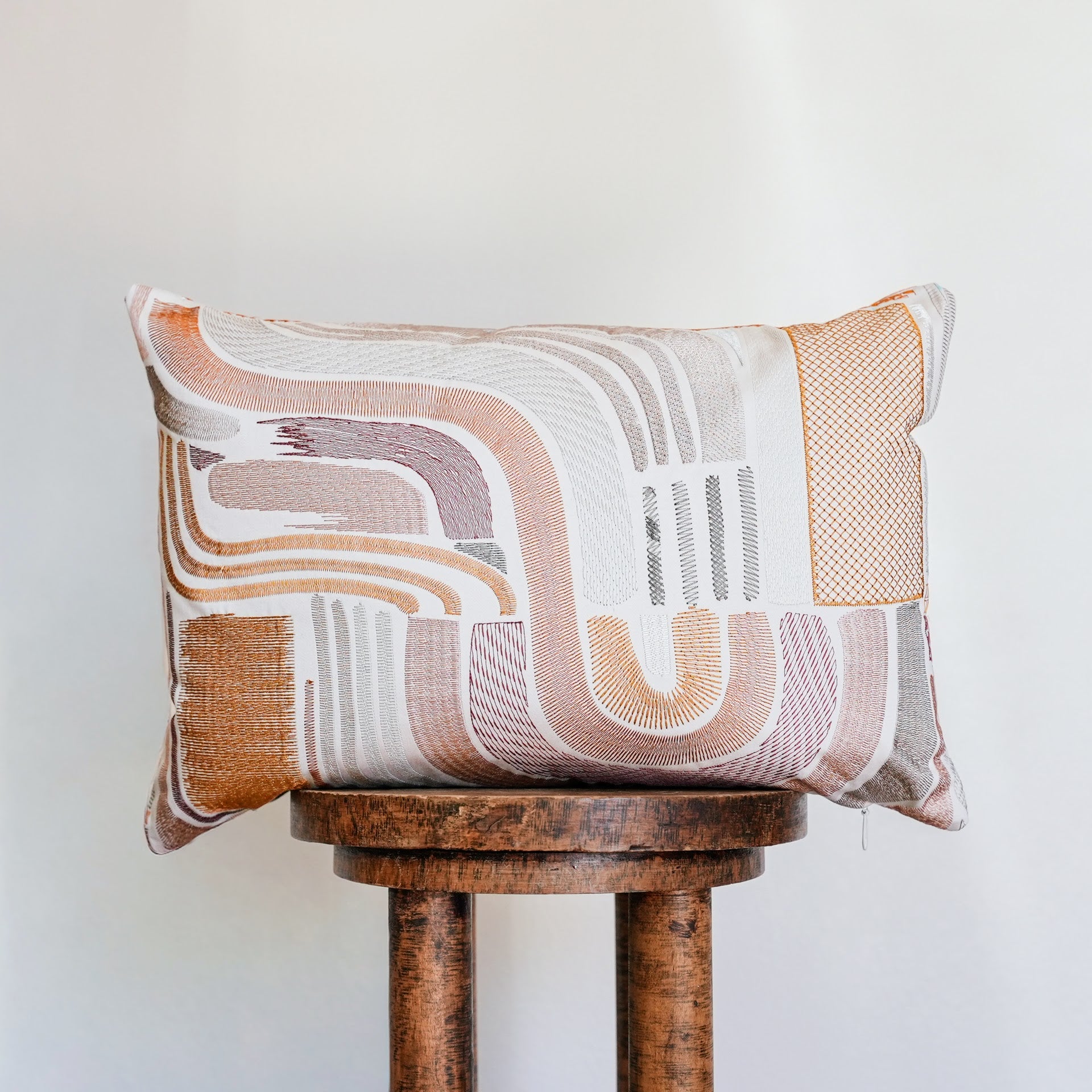 Embroidered Geometric Shapes in Orange, Silver, and Rose 14x20