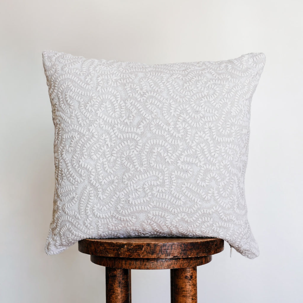 Cream and Beige Embroidered Stitch on Linen Pillow 18x18