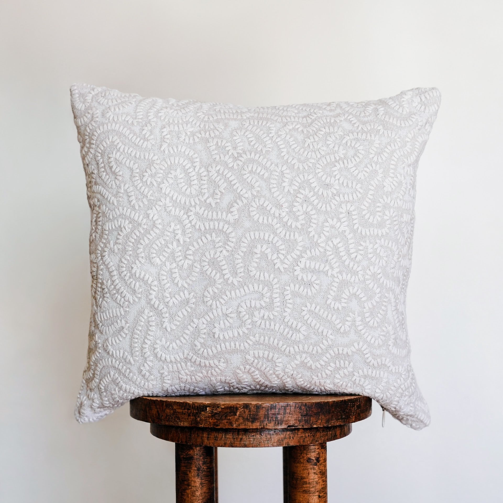 Cream and Beige Embroidered Stitch on Linen Pillow 18x18