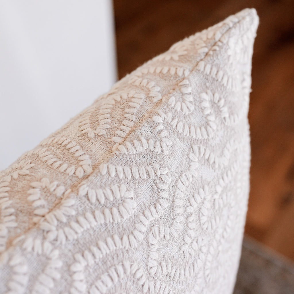 Cream and Beige Embroidered Stitch on Linen Pillow 18x18