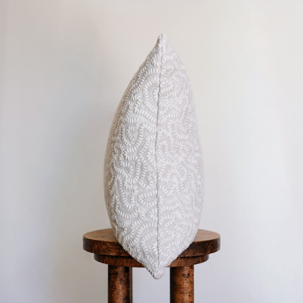 Cream and Beige Embroidered Stitch on Linen Pillow 18x18