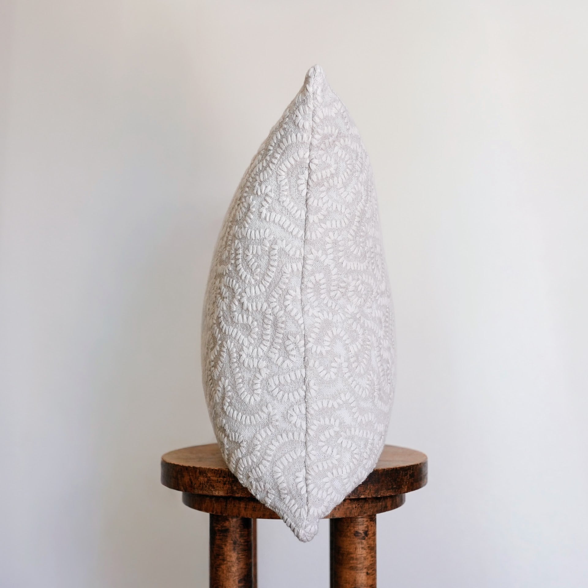 Cream and Beige Embroidered Stitch on Linen Pillow 18x18