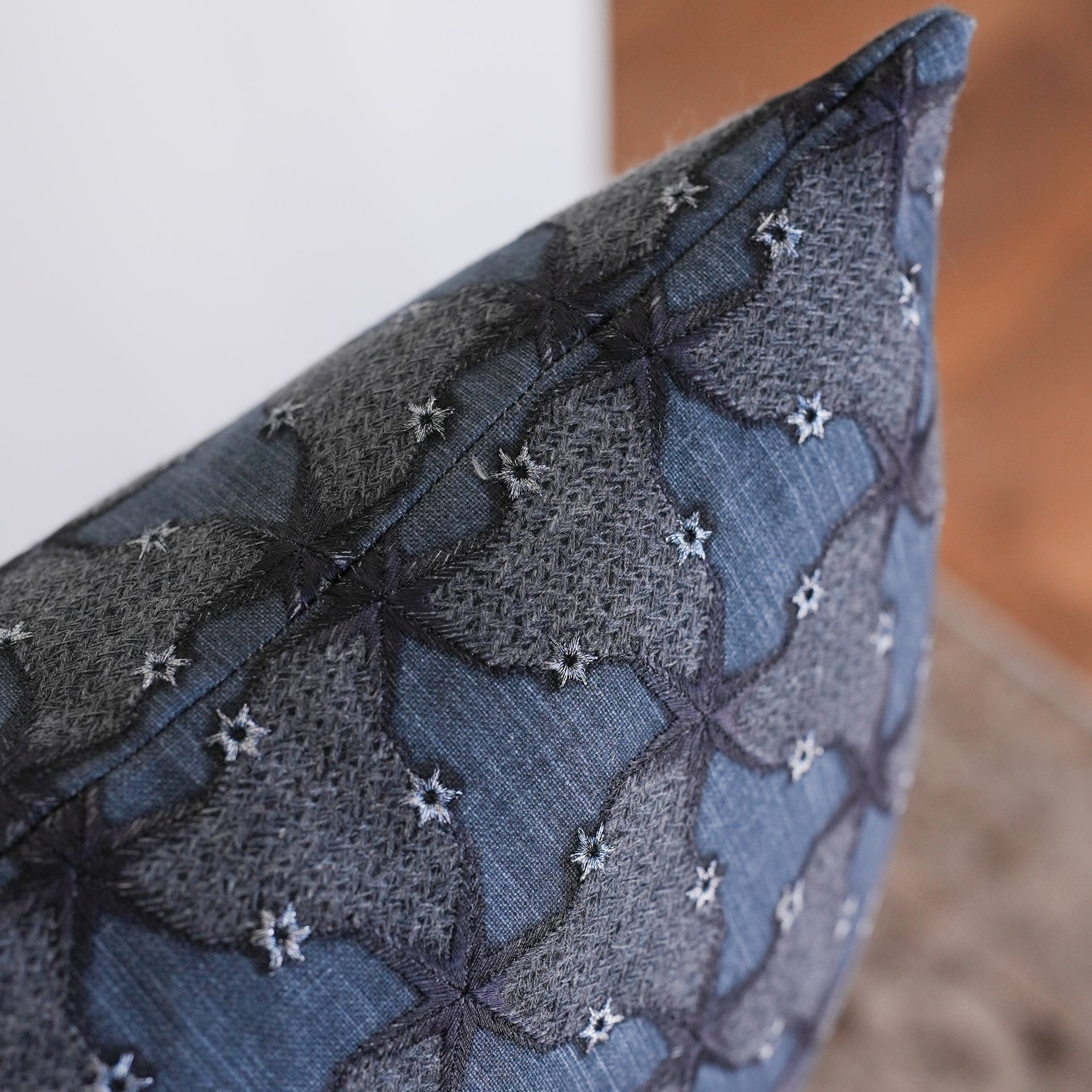 Navy Linen with Silver Stars Lumbar Pillow 14x20