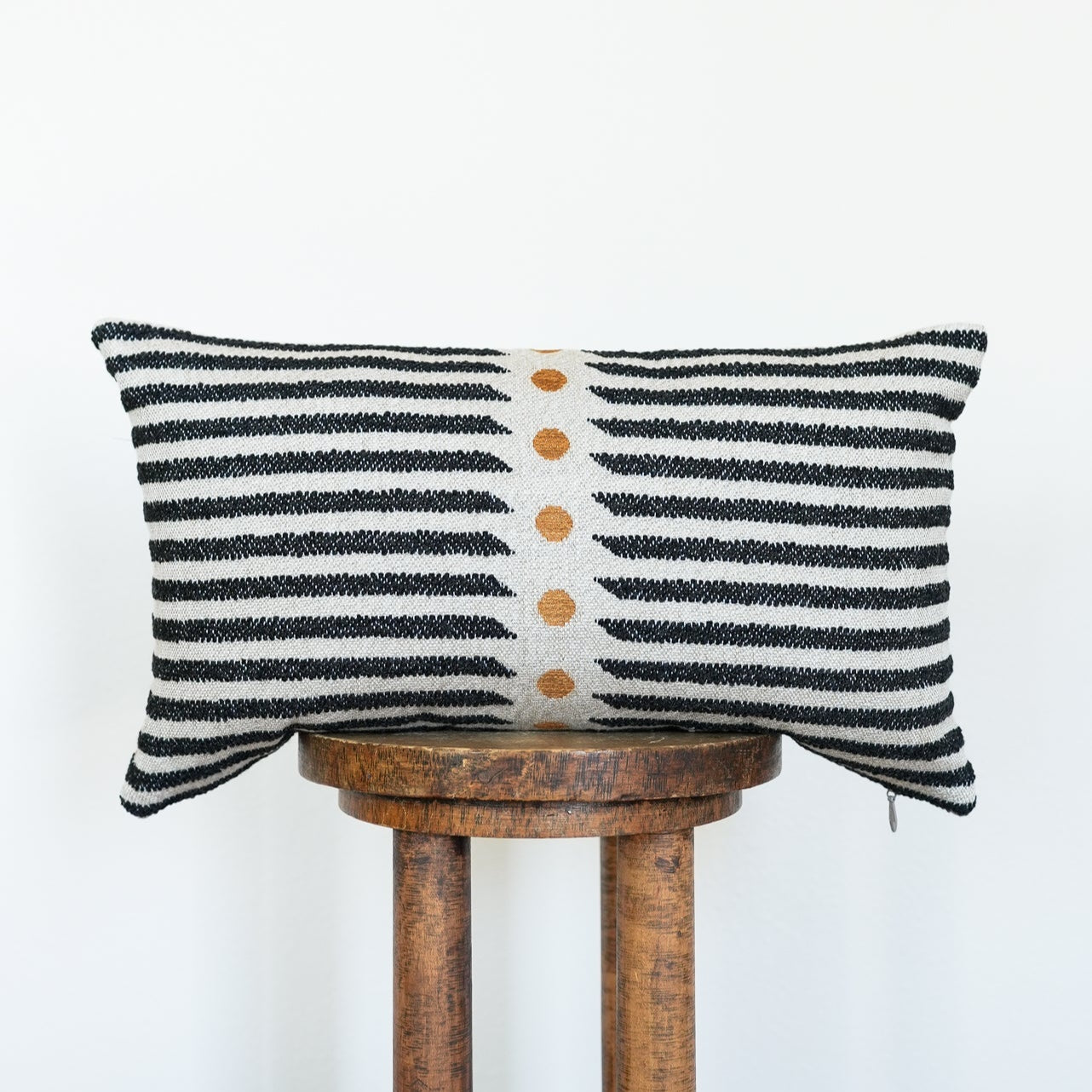 Black with Cream Stripe & Yellow Dots on Linen Lumbar 13x22