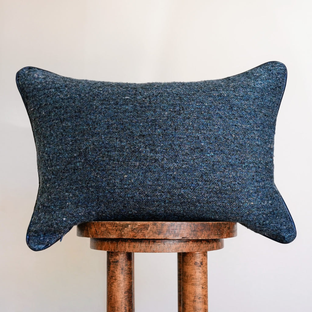Blue Mixed Wool with Navy Leather Welt Lumbar Pillow 14x20