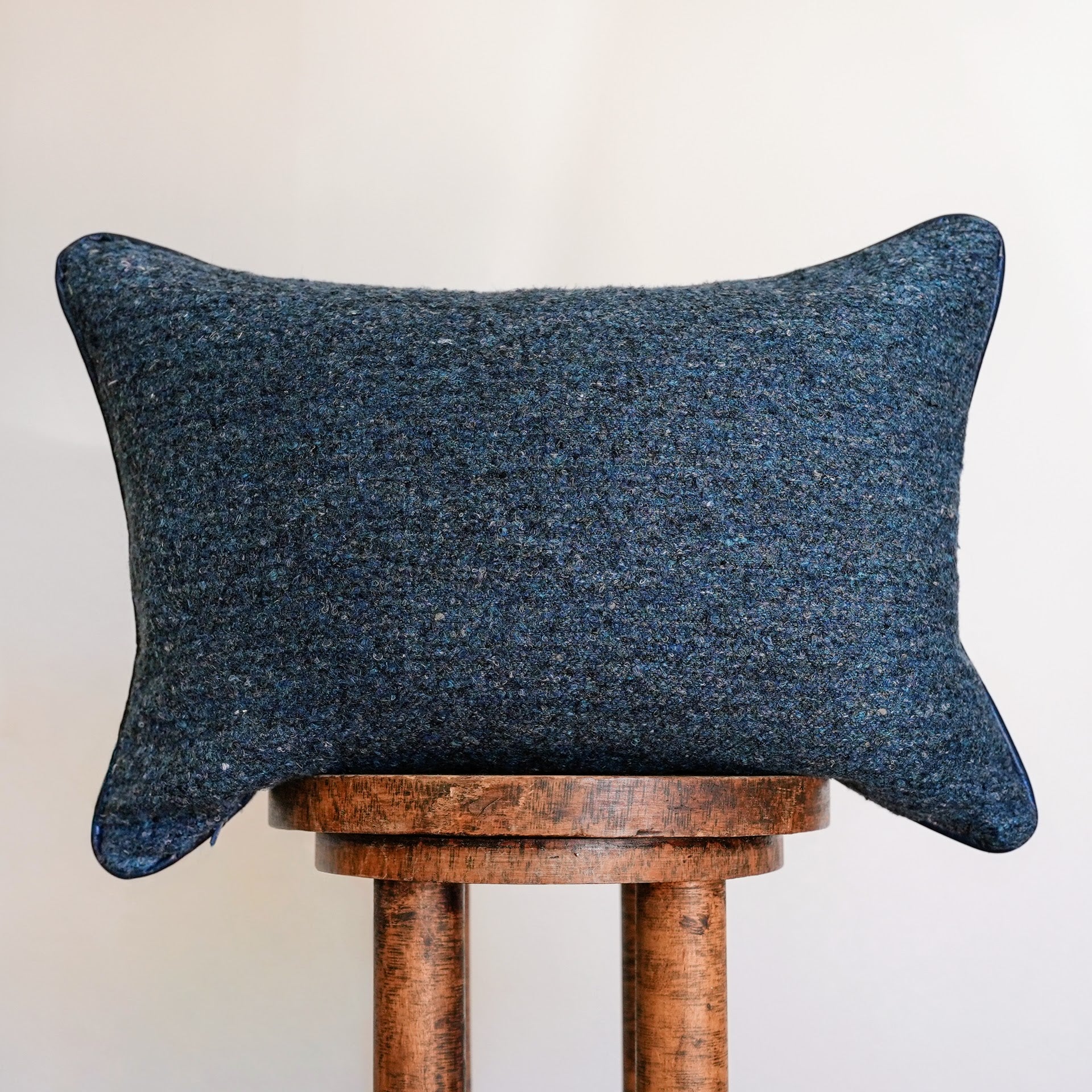 Blue Mixed Wool with Navy Leather Welt Lumbar Pillow 14x20