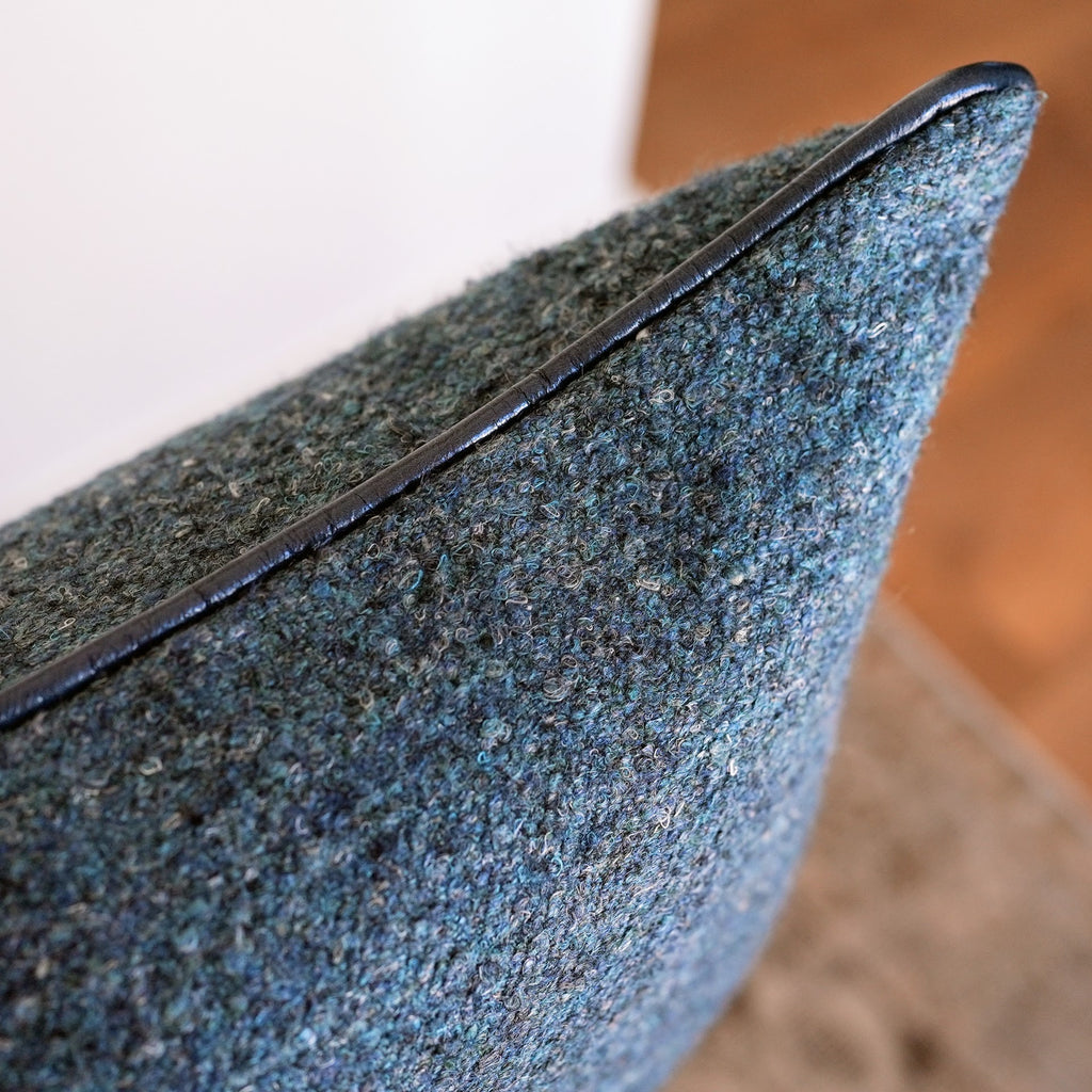 Blue Mixed Wool with Navy Leather Welt Lumbar Pillow 14x20