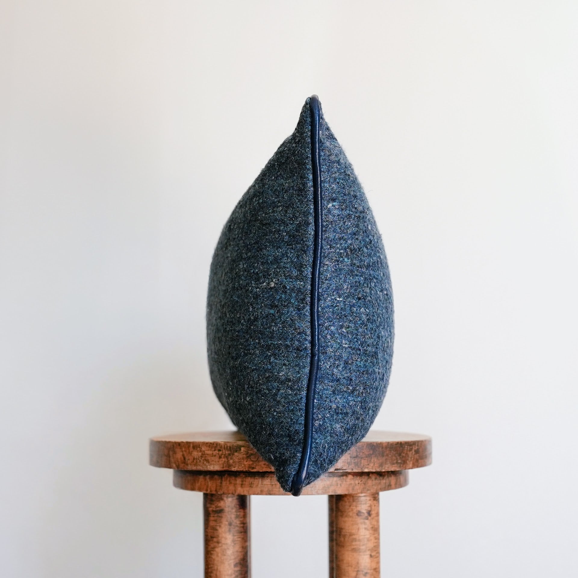 Blue Mixed Wool with Navy Leather Welt Lumbar Pillow 14x20