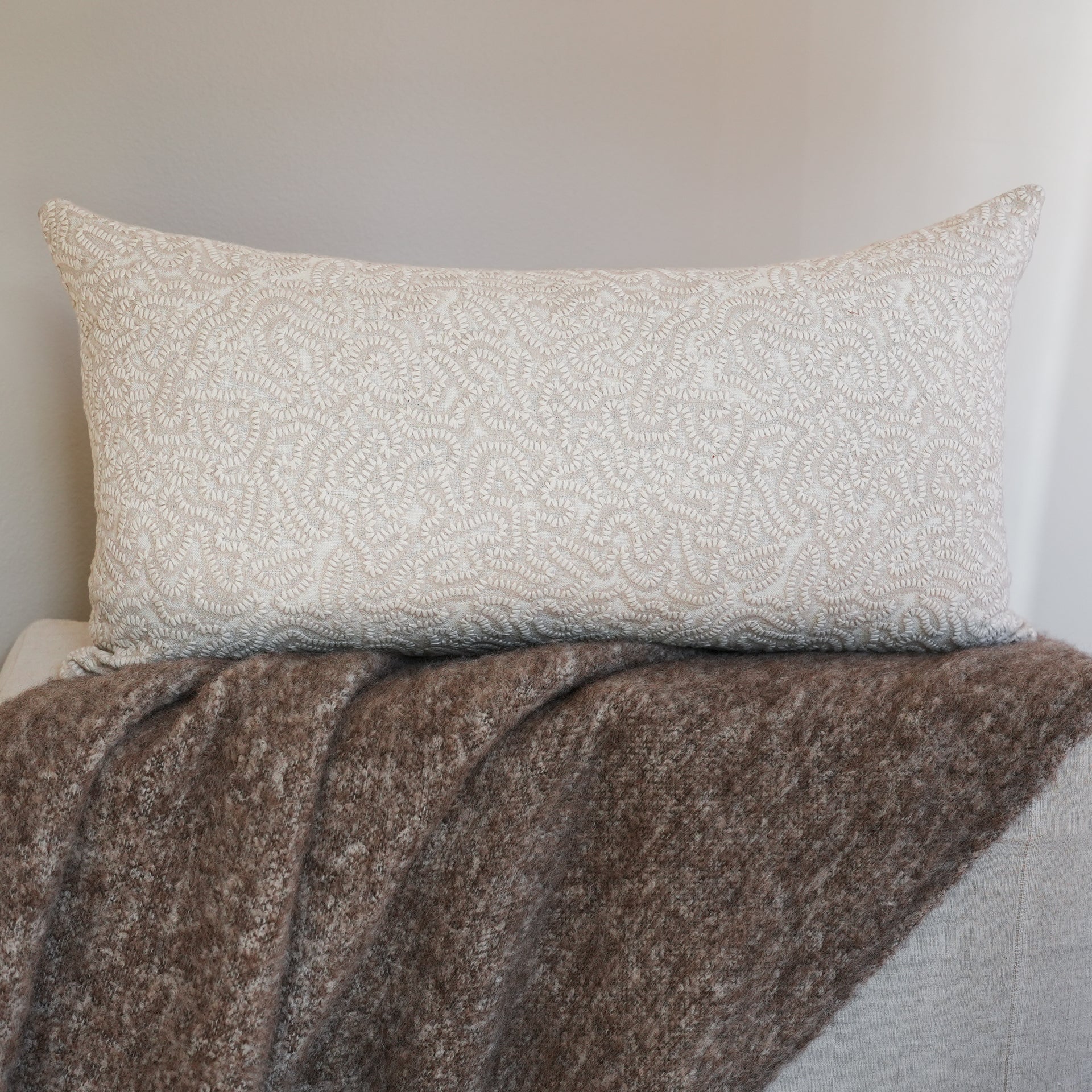 Cream and Beige Embroidered Stitch on Linen Pillow Set of 2 - 20x36