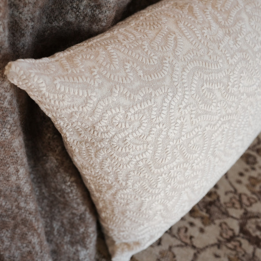 Cream and Beige Embroidered Stitch on Linen Pillow Set of 2 - 20x36