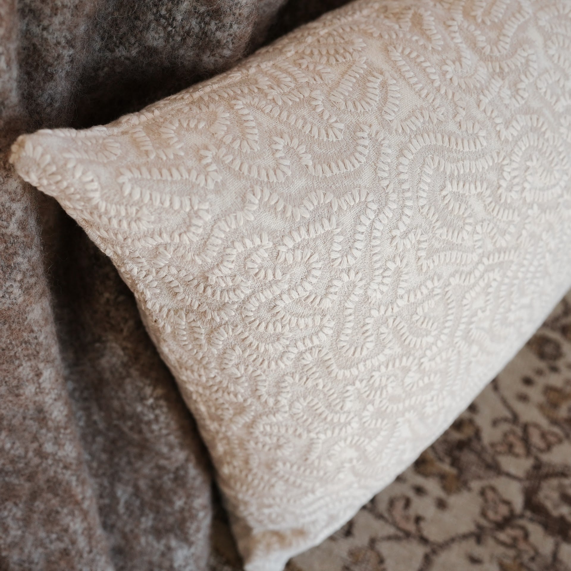 Cream and Beige Embroidered Stitch on Linen Pillow Set of 2 - 20x36