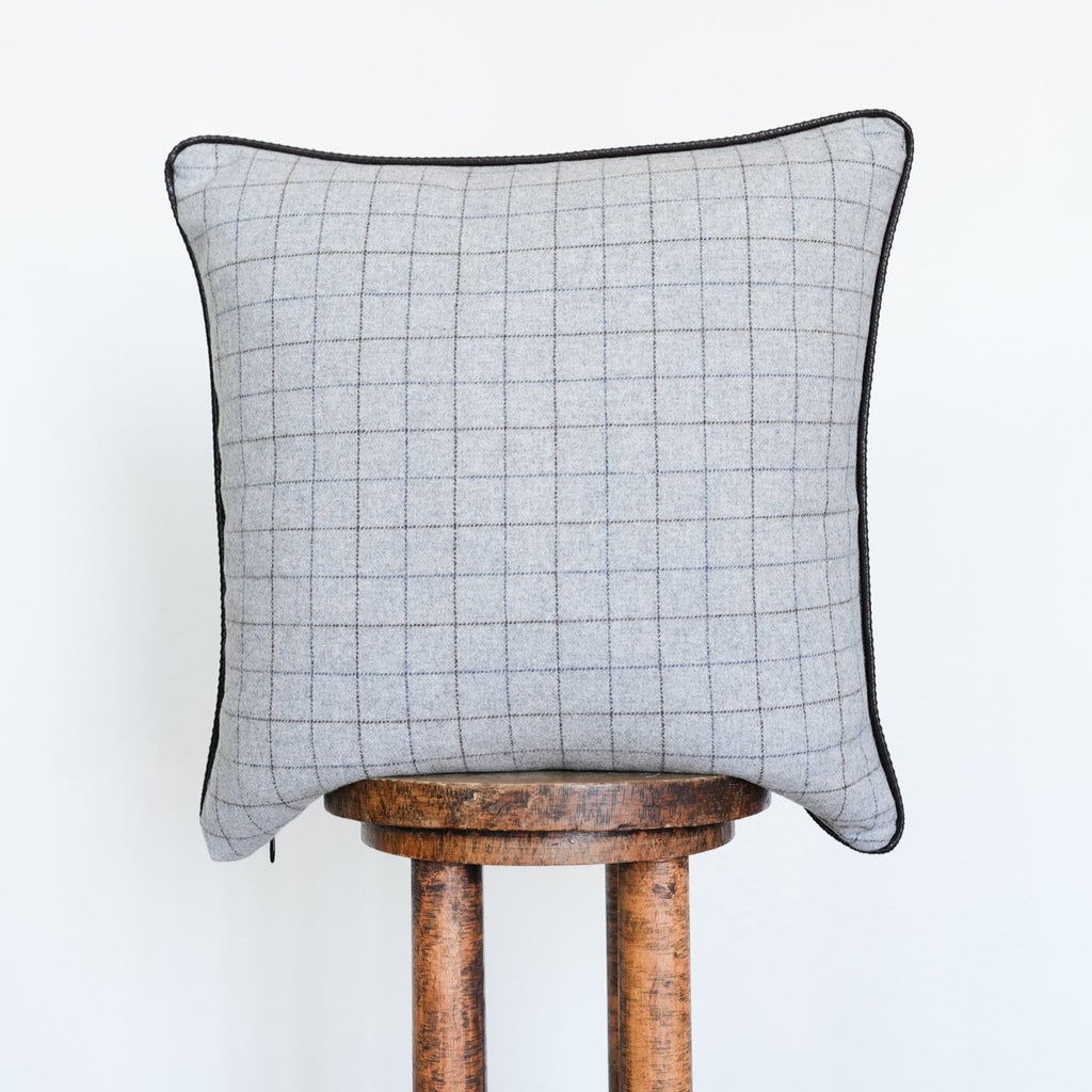 Grey & Brown Plaid Wool with Leather Welt Pillow 20x20