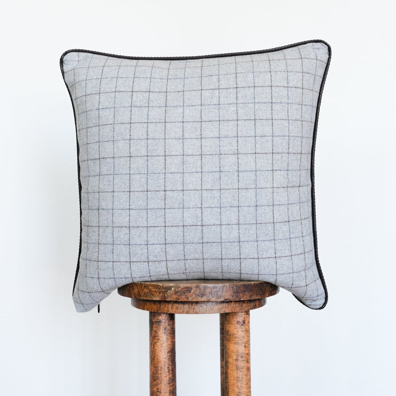 Grey & Brown Plaid Wool with Leather Welt Pillow 20x20