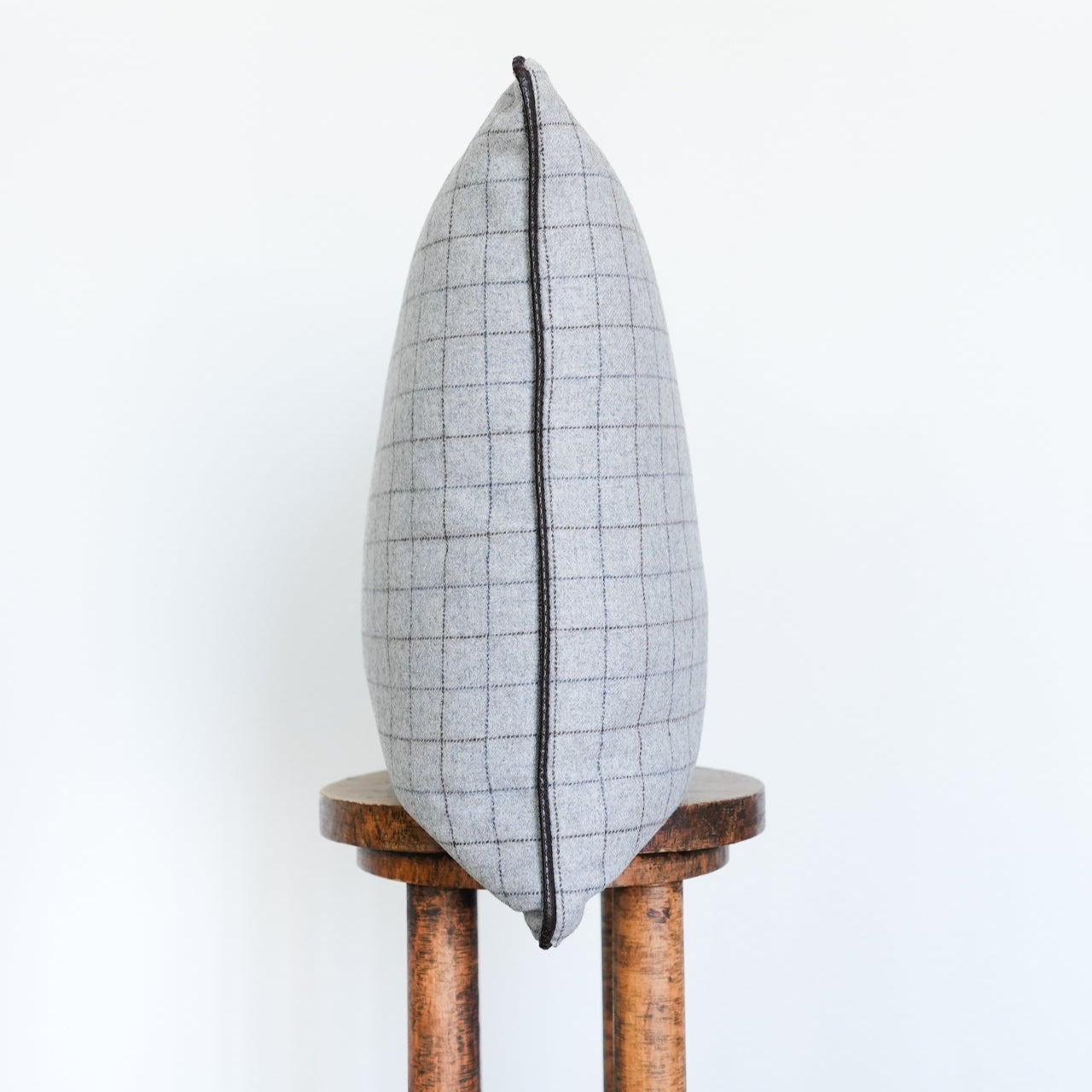 Grey & Brown Plaid Wool with Leather Welt Pillow 20x20