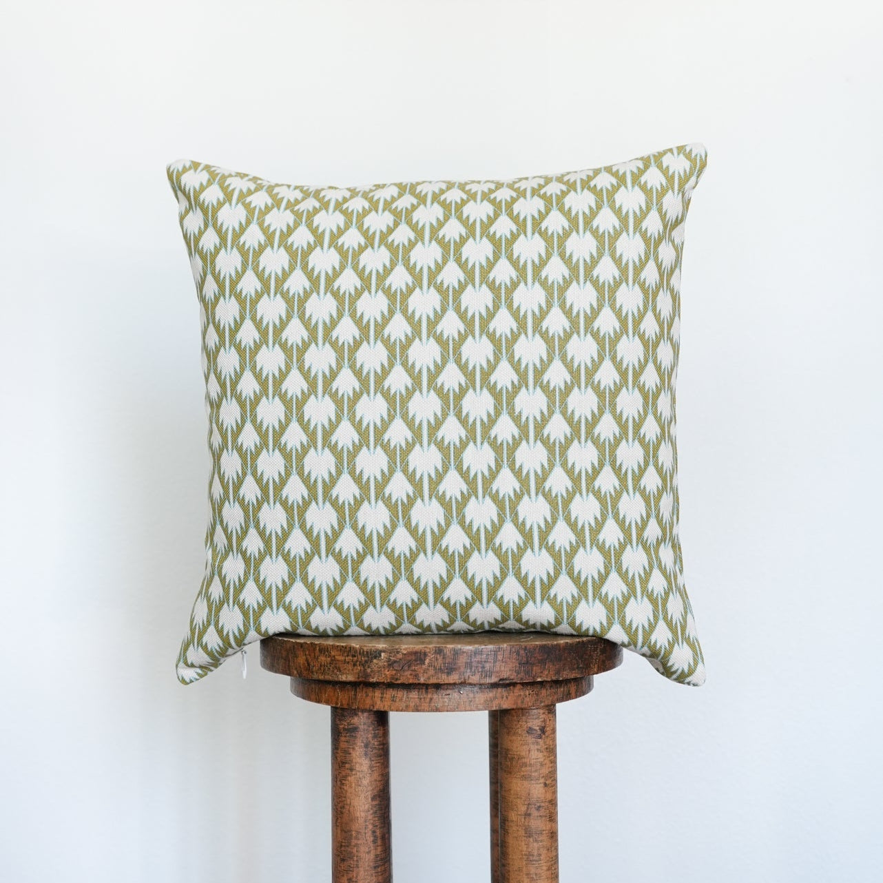 Teal & Moss Green Geometric Pattern on Cream Linen Pillow 18x18