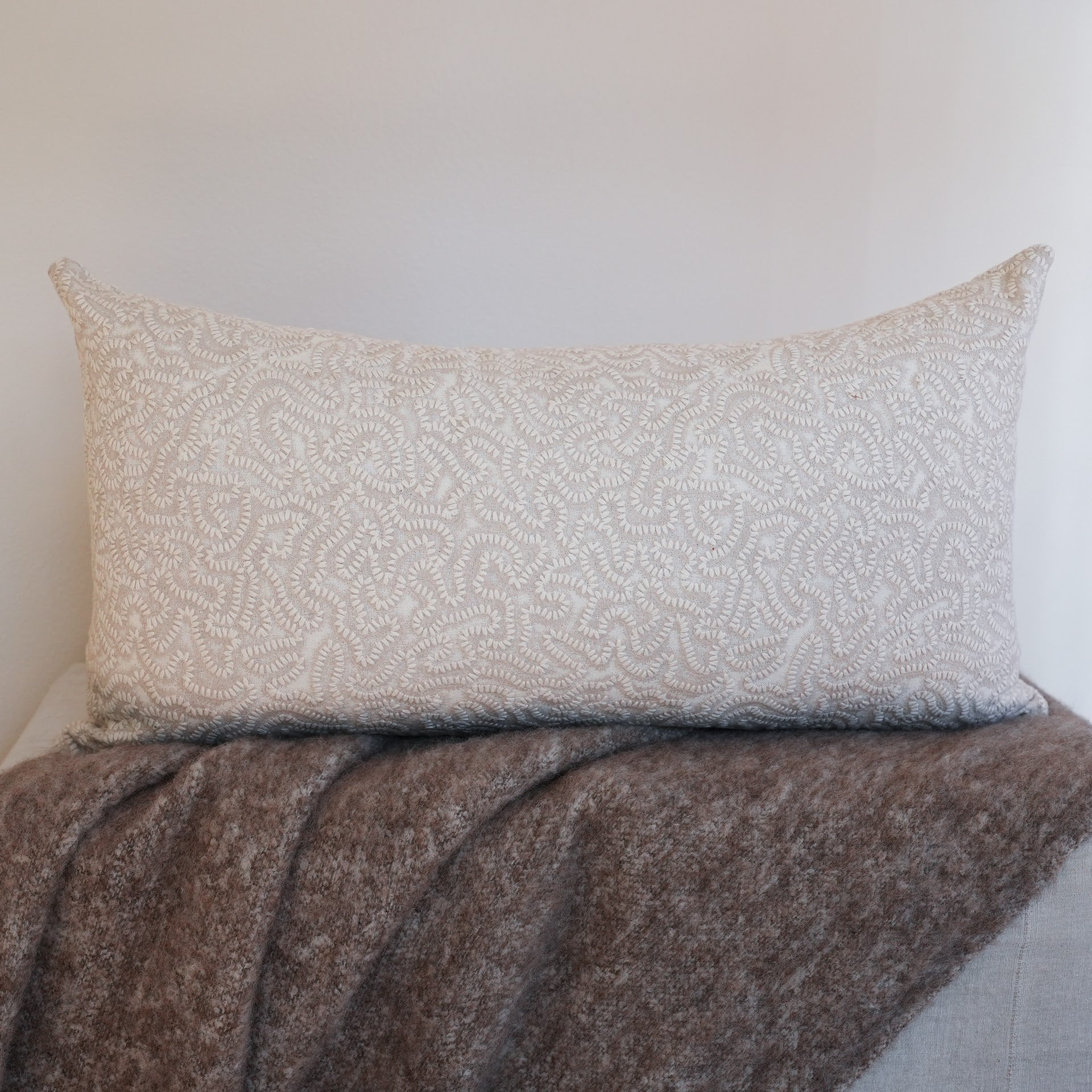 Cream and Beige Embroidered Stitch on Linen Pillow Set of 2 - 20x36