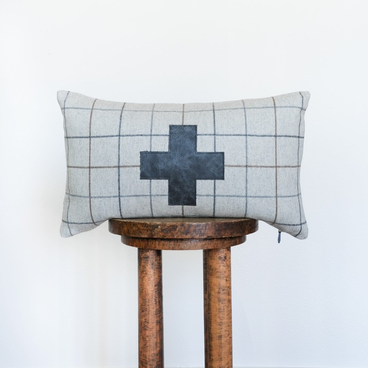 Grey Wool with Charcoal and Brown Plaid & Cross Lumbar 12x20
